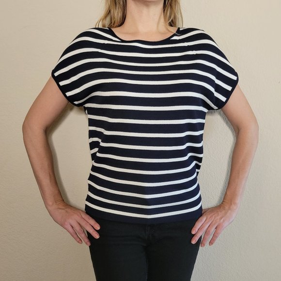 LOFT Top Womens Small Blue White Navy Stripe Cap Sleeve Sweater Shirt Blouse - Picture 2 of 8